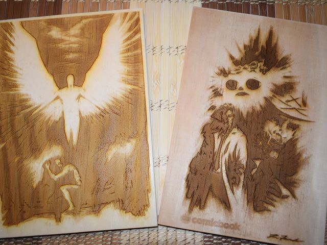 image laser engraved Constantine artwork of an angel rising over a huddled figure, drawn by Kyle Frink