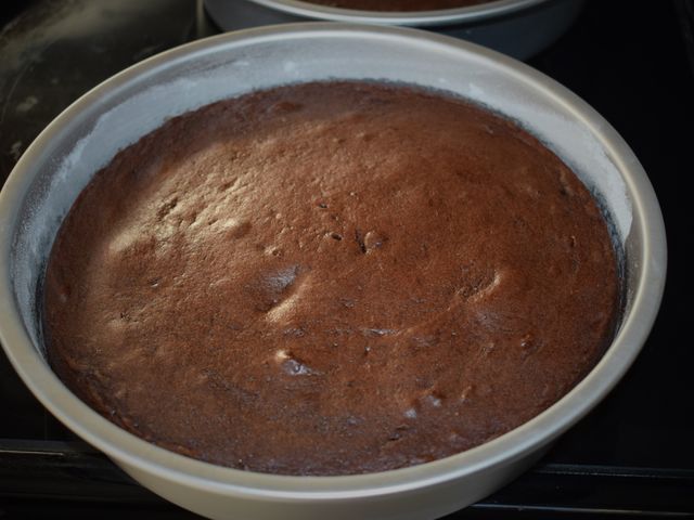 image of two layers of baked cake still in pans